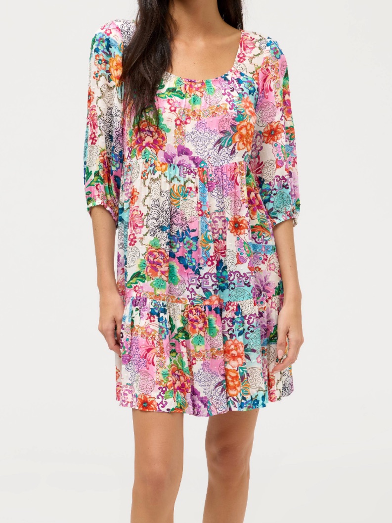 Johnny Was Nwt Roseum Tiered Mini Dress Cover Up Small Floral White Pink Blue